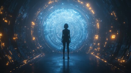 Mystical portal: silhouette facing futuristic glow in sci-fi tunnel