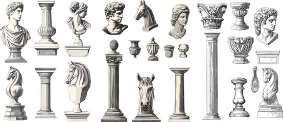 Antique statues busts columns and capitals architectural elements of classic antique style design Ancient Greek Roman or Etruscan sculptures horse head male and female portrait sculpture column