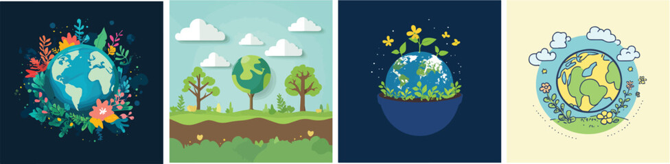 Naklejka premium Earth Day environment nature conservation eco friendly sustainable globe green planet flowers trees clouds world environment day ecology climate change global warming pollution recycle renewable