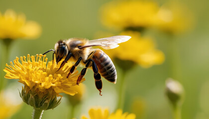 A honeybee collects nectar from vibrant yellow flowers in a lush meadow while the sun shines overhead, showcasing the beauty of nature and pollination