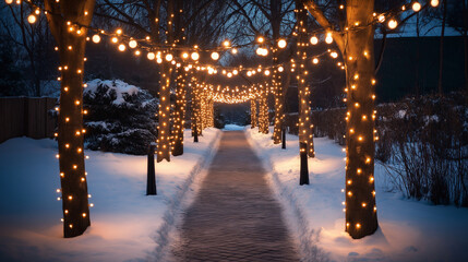 Fototapeta premium A winter scene of a snow-covered path lined with warm white Christmas lights strung between snow-dusted trees. The soft glow creates a magical atmosphere in the quiet landscape.
