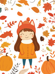 Cute girl wearing fox hat enjoying autumn season Autumn vibes Fall leaves foliage pumpkin october hello autumn happy fall cozy autumn season greetings thanksgiving day fall festival harvest festival