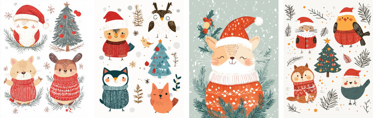 Christmas animals illustration cute festive characters Merry Christmas and Happy New Year greeting card banner poster holiday cover winter season forest animals in knitted sweaters Christmas trees