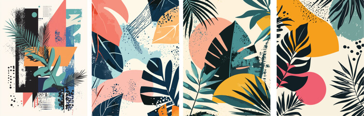 Abstract art background design with tropical leaves and geometric shapes Nature inspired collage art vector illustration Wallpaper poster invitation brochure cover template Contemporary boho style
