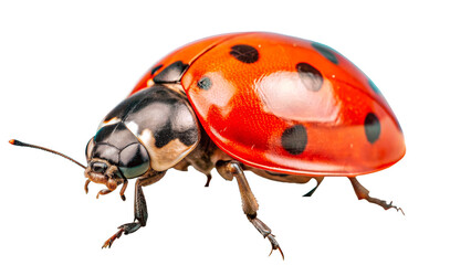 Fototapeta premium A ladybug is seen moving slowly on a smooth surface, displaying its striking red shell embellished with black spots and intricate head details