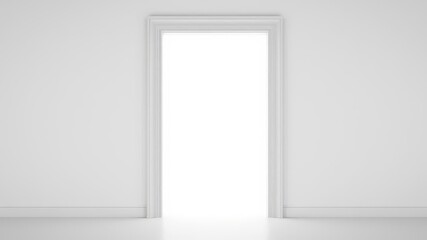 An open white door against a plain white background, empty, exit