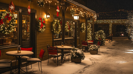 Snowy restaurant patio decorated with holiday wreaths