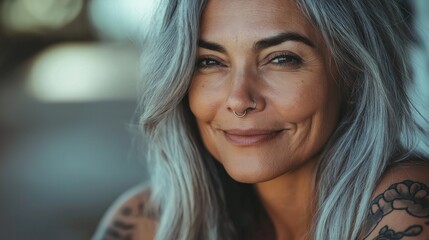 Confident Mature Woman with Gray Hair and Septum Piercing Expressing Empowerment and Style