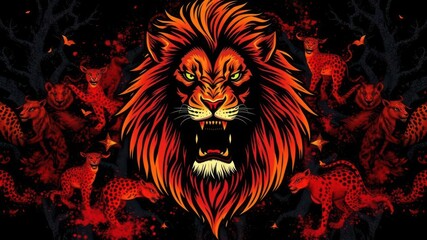 Artistic lion in vibrant colors standing majestically on a black background, majestic, background