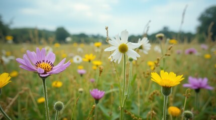 Fototapeta premium Colorful Wildflowers Blooming in a Sunny Meadow During Springtime. Generative AI