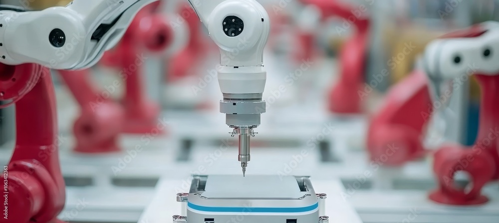 Poster automated robotic arm precisely assembling components on a production line in a modern factory