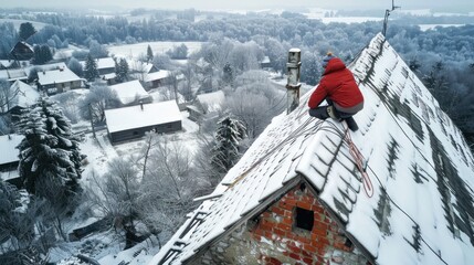 Fototapeta premium A male worker repairing the roof covering of a country house. Roofing company working on house roof in winter season doing ice removal or repair.