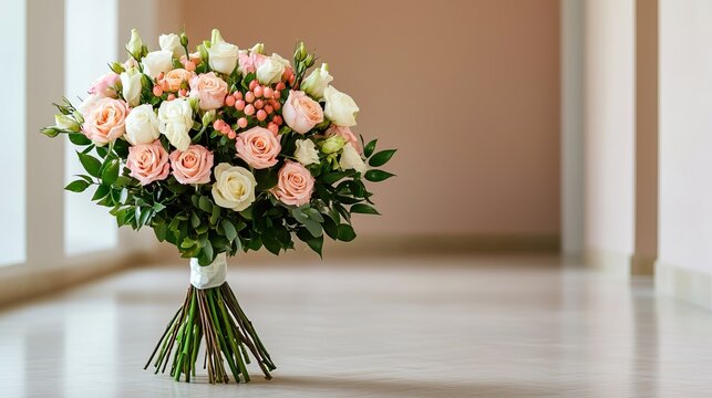 A beautiful bouquet of pink and white roses, elegantly arranged with greenery, positioned on a minimalist floor against a subtle backdrop.