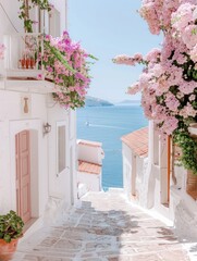 Picturesque alleyway with bougainvillea and ocean view in Mediterranean village