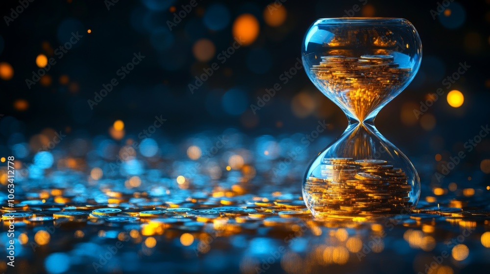 Aufkleber an hourglass rests upright, filled with shiny coins, illuminated by a warm glow. the background feat