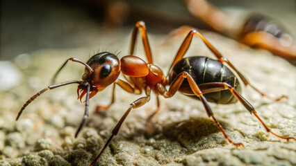An ant is seen actively exploring a textured surface, showcasing its intricate body parts and vibrant colors in a natural habitat illuminated by sunlight