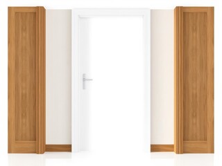 Fototapeta premium Collection of white wooden modern interior doors in various open and closed positions isolated on white background, door, background
