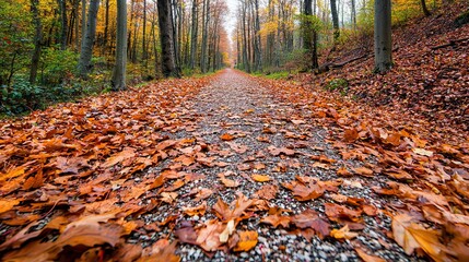 A serene pathway covered in vibrant autumn leaves, bordered by trees, inviting a peaceful stroll in nature.