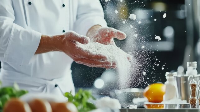 A joyful baker claps his hands covered in flour, celebrating a successful baking session in a bustling restaurant kitchen, showcasing culinary enthusiasm and skill