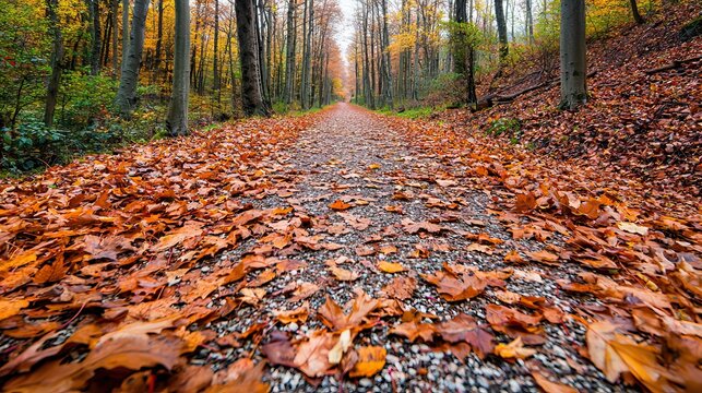 A serene pathway covered in vibrant autumn leaves, bordered by trees, inviting a peaceful stroll in nature.