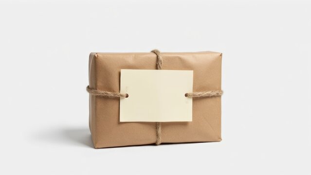 A brown paper package with an empty note tied to it