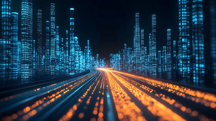Fototapeta premium Digital Cityscape with Road and Lights, futuristic city, neon city, glowing city, city lights, urban cityscape