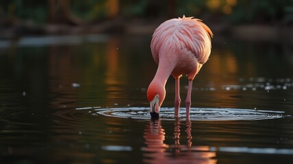 A flamingo stands in the shallow water, bathed in the warm light of a brilliant sunset. Its distinctive pink plumage, long, graceful neck and slender legs create a striking silhouette.