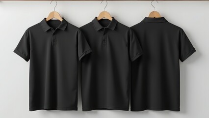 Three black polo shirts hanging on a hanger