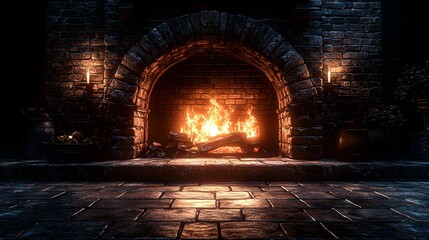 Traditional brick fireplace with roaring flames inside stone hearth, featuring dramatic lighting and textured brick walls creating warm, cozy, and moody atmosphere.
