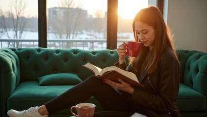 A woman is reading a book and drinking coffee on the couch