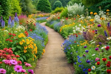 A winding path lined with vibrant wildflowers and greenery, forming a beautiful and natural flower border, botanical gardens, outdoor decor ideas, flower borders, floral patterns