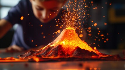 A child watches an erupting volcano science experiment at home, showcasing vibrant lava and sparks in a fun learning environment.