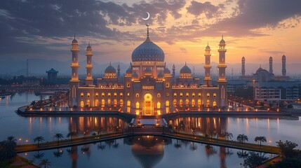 Fototapeta premium Beautiful mosque in Ramadan Kareem or Eid Al Fitr vibes. Islamic mosque architecture building