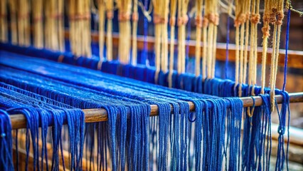 Obraz premium An intricate pattern of indigo threads dripping from a broken loom, thread, forgotten, fabric, weaving