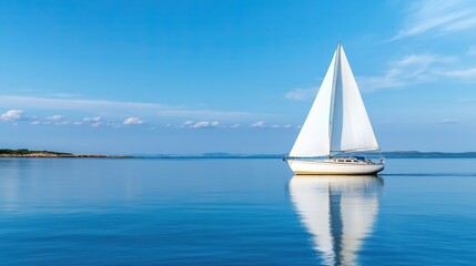 A serene scene of a white sailboat gliding across calm waters under a clear blue sky, creating a beautiful reflection in the water.