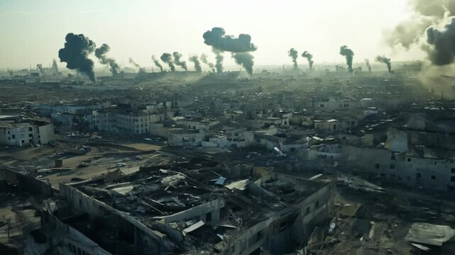 Rising smoke over buildings in a war torn cityscape