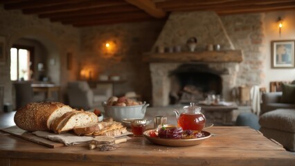 Obraz premium There is bread on a table next to the fireplace