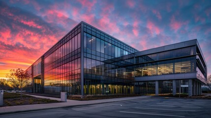 A sleek industrial building at dusk, with glass and metal elements reflecting the vibrant hues of a sunset