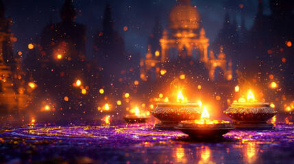 Fototapeta premium Glowing oil lamps in foreground, with a backdrop of temples illuminated at night, celebrating Diwali festival