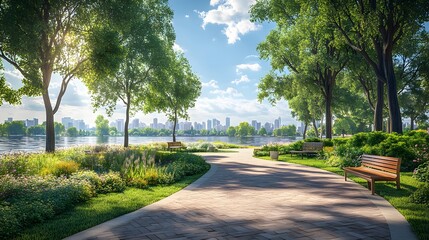 Obraz premium Waterfront park pathway lined with mature trees, curved brick paving, wooden benches, and ornamental grasses, overlooking scenic river view with cityscape background.