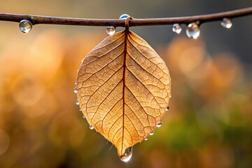 Close-up of a khaki-colored leaf with tiny droplets of water clinging to its surface as it hangs from a branch, plant, green, leafy, droplets, foliage