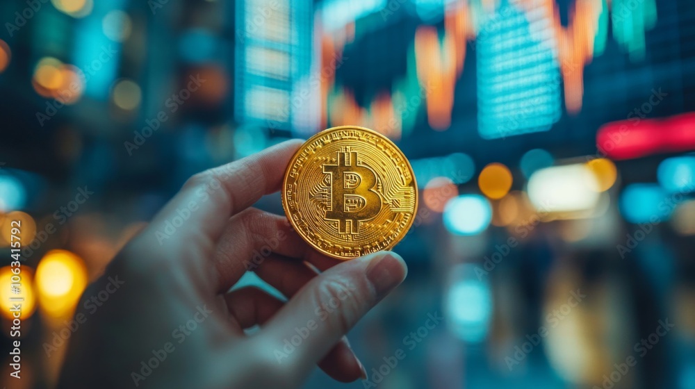 Leinwandbilder a person displays a gold bitcoin in front of an illuminated stock market board displaying fluctuatin