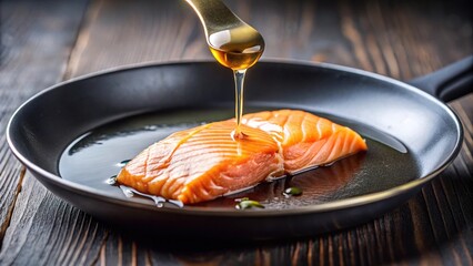 Close-up of dripping salmon oil on a hot skillet, cooking, kitchen, food, home cooking