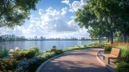 Waterfront park pathway lined with mature trees, curved brick paving, wooden benches, and ornamental grasses, overlooking scenic river view with cityscape background.