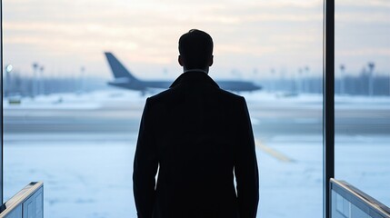 A silhouette of a person at an airport viewing a plane in the distance, capturing the essence of travel during a cold, serene morning.