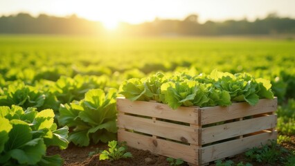 A wooden crate with lettuce in the field at sunset