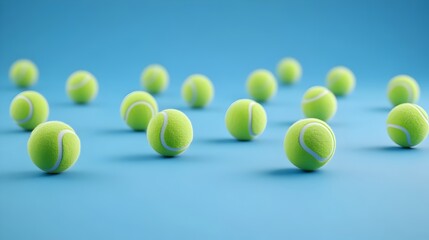 Group of Tennis Balls in Varying Rows on Vibrant Blue Background