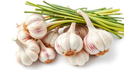 Fresh garlic bulbs with vibrant green stems isolated on a clean white background, produce, seasoning