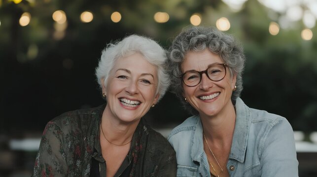 Two joyful women smiling together outdoors, enjoying a warm summer evening surrounded by soft lighting.