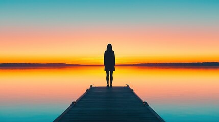 A silhouette stands on a dock against a vibrant sunset, reflecting colors in the calm water, evoking tranquility and solitude.